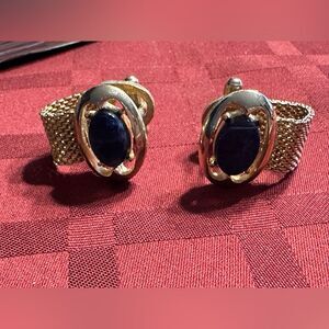 Vintage Mesh Wrap Around Gold Tone Cuff Links Blue Stone